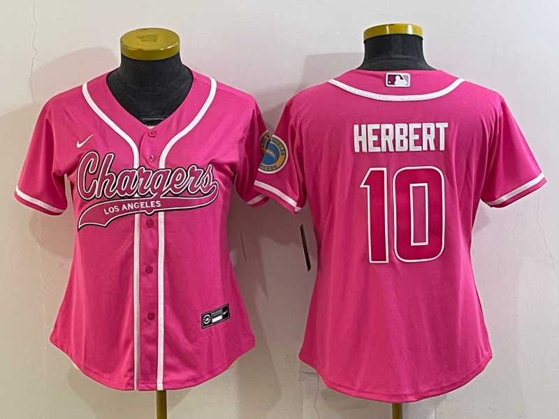 Women%27s Los Angeles Chargers #10 Justin Herbert Pink With Patch Cool Base Stitched Baseball Jersey
